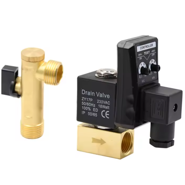 Valvula Solenoide 1/2" con Temporizador de Drenaje para Agua, Aire y Gas, 220V, DN15, OPT-A