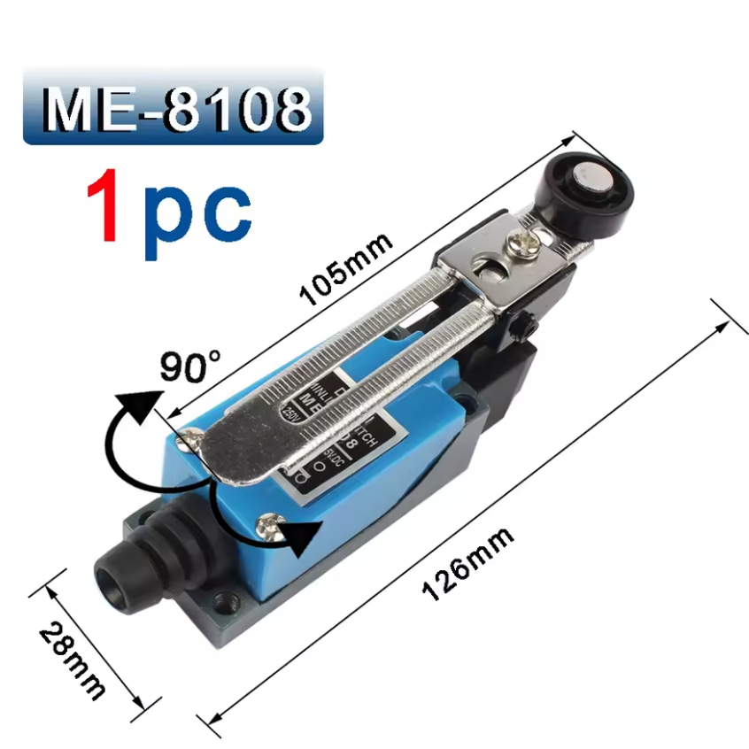 Final de Carrera, Interruptor de Limite, Limit Switch IP65, Brazo de Palanca Giratorio Ajustable con Rodillo, ME-8108 - Imagen 2