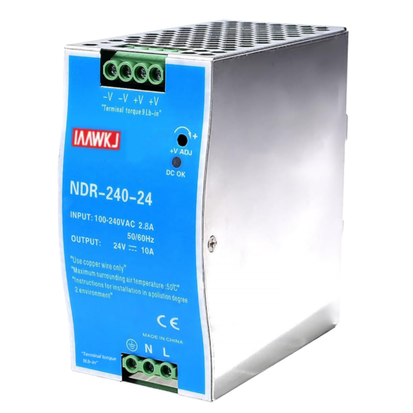 Fuente de Alimentacion para Riel DIN 24VDC-10A, Proteccion contra Corto Circuito, NDR-240-24