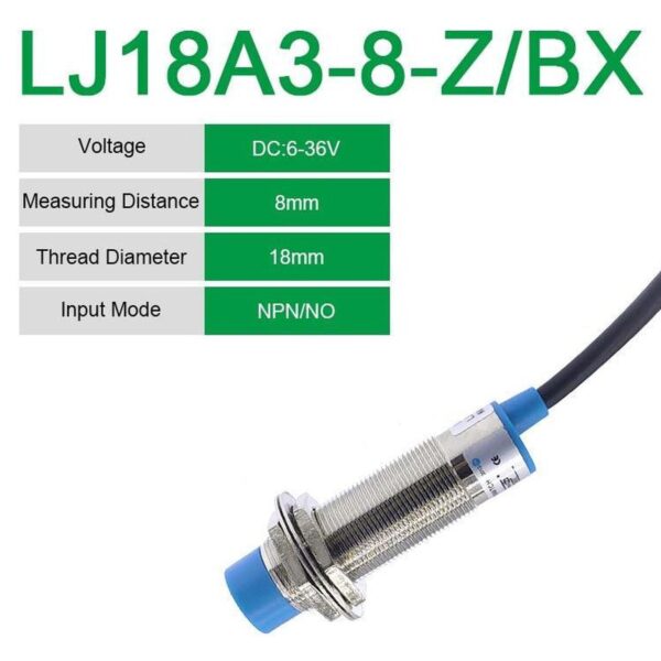 Interruptor de Proximidad NPN-NO (Ø18 mm), Sensor Inductivo de Deteccion de 8mm, 3 Hilos DC, LJ18A3-8-Z/BX