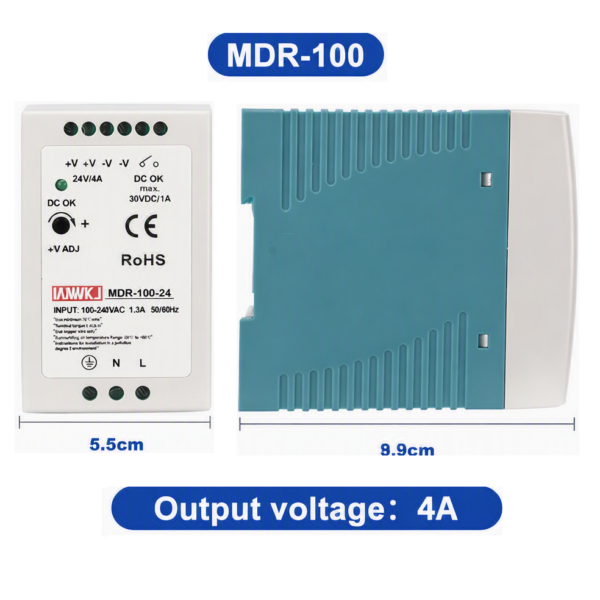 Fuente de Alimentacion Industrial de riel DIN con una Potencia de Salida de 100W y un Voltaje de 24V CC a 4A, MDR-100-24