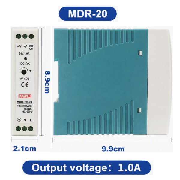 Fuente de Alimentacion Industrial de riel DIN con una Potencia de Salida de 20W y un Voltaje de 24V CC a 1.0A, MDR-20-24